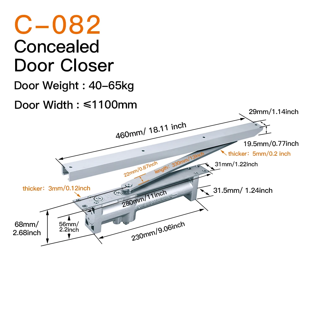 High Standard Automatic Adjustable Concealed Side Door Closer Aluminium Alloy Overhead Security Door Closer