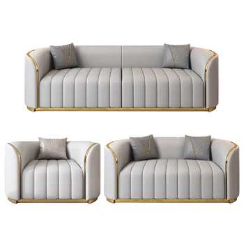 Luxury elegant design stainless steel Decor modern Couch  living room leather sofa set