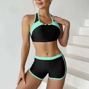 Sporty Two-Piece Bikini Set for Women Solid Color Swimsuit with Tank Top and Short Bottom Contrast Stitching for Pool and Beach