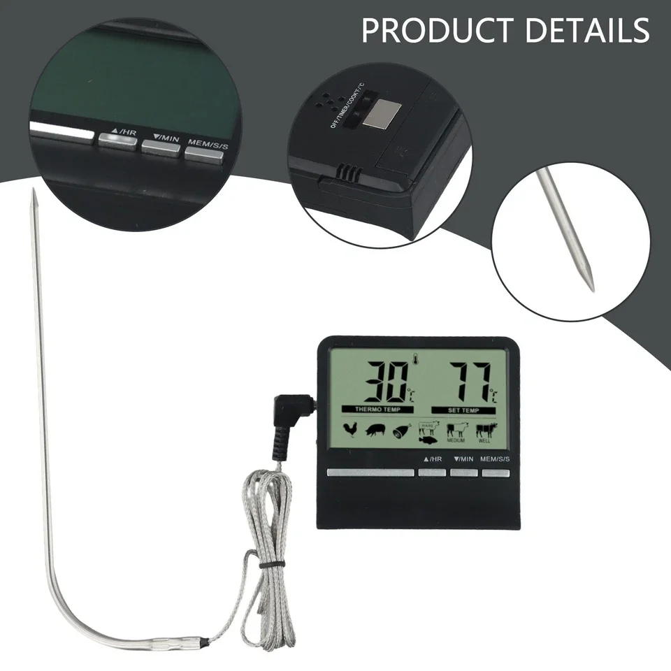 Large LCD Digital Cooking Food Meat Thermometer for Smoker Oven Kitchen BBQ Grill Thermometer Clock Timer with Steel Probe