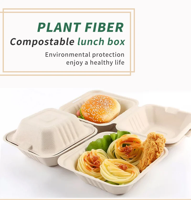Custom 6x6 Inch Take Away Lunch Packing Fast Food Container Biodegradable Clamshell Bagasse Hamburger Sugarcane Burger