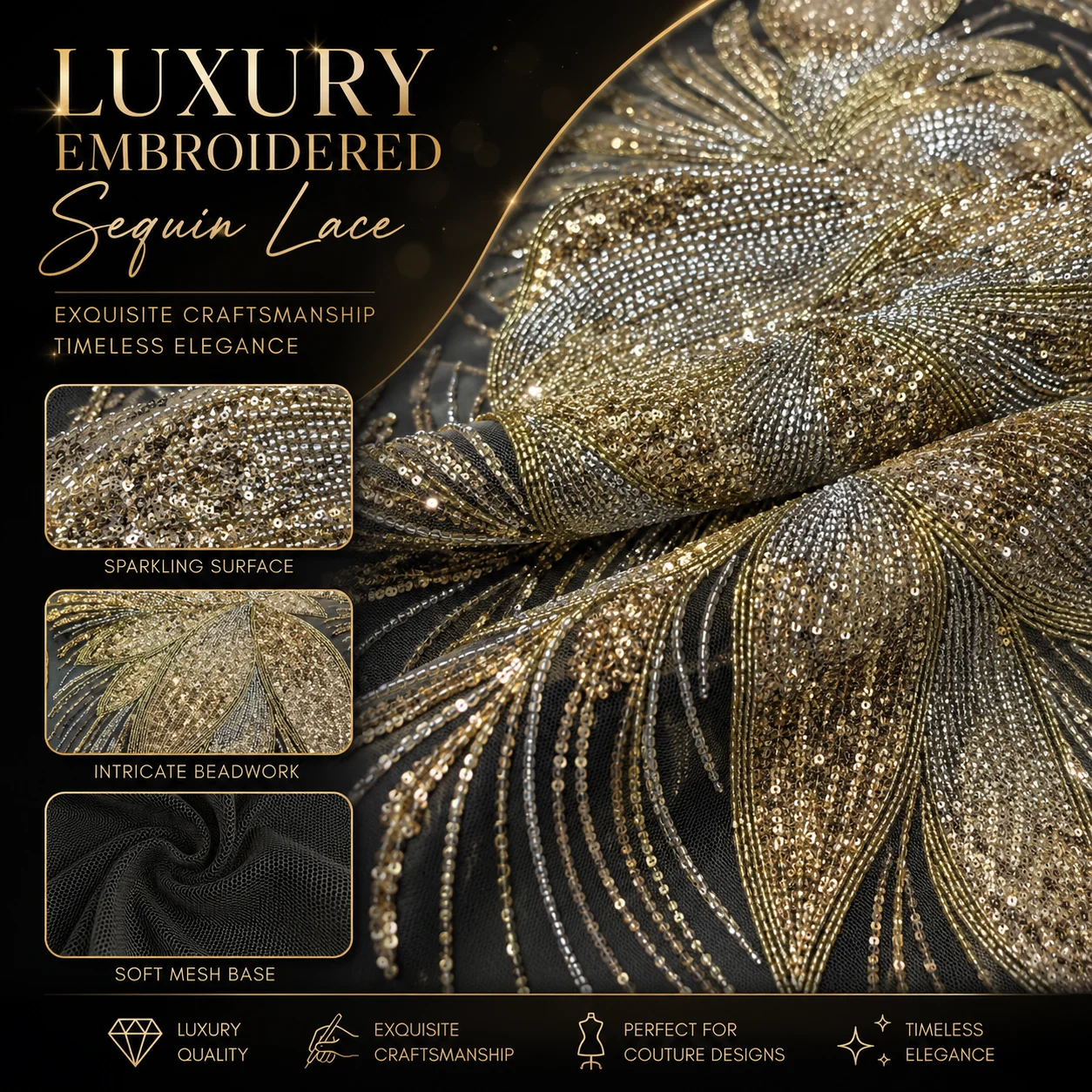 Luxury Gold Sequined Embroidery Mesh Fabric Beaded Floral Tulle Lace Sparkly Fabric for Evening Bridal Gowns Custom OEM