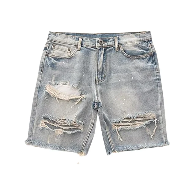 Men's New High-end Customized Denim Fabric Comfortable Shorts DTG Embroidered Pattern Distressed Treatment Fashionable Shorts