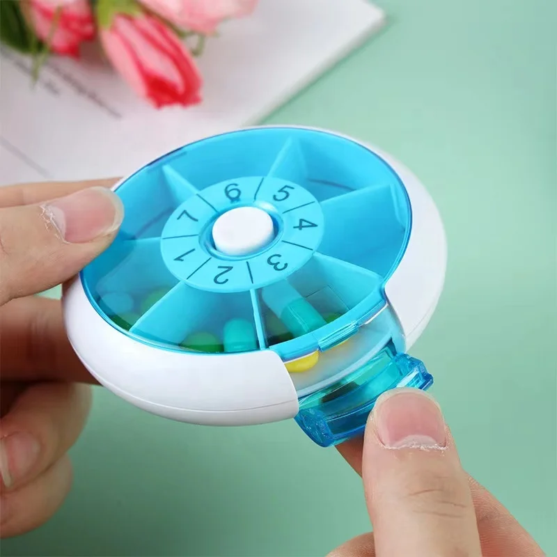 7 Days Rotating Pill Box Pill Storage Box Portable Round Promotional Small Plastic PP Plastic Blue and White Pill Organizer Box