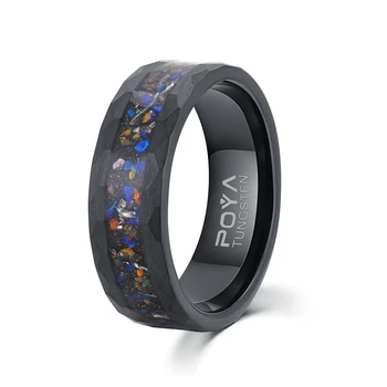 Poya Non Tarnish 8mm Meteorite Shaving Black Hammered Tungsten Wedding Band Genuine Raw Galaxy Opal Ring For Men