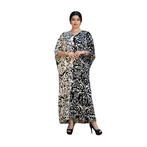 New Wholesale Middle East Color Block Printing Loose Muslim Robe Women Elegant V-neck Dress