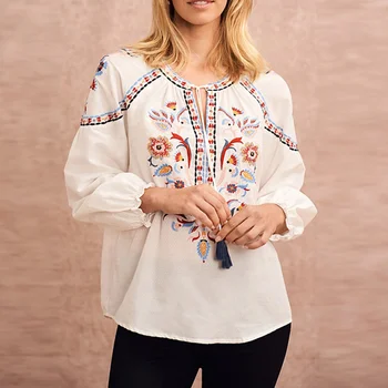 Women's Bohemian Floral Embroidered Tops Mexican Peasant 3/4 Sleeve Boho Shirts Summer Tunics Blouses