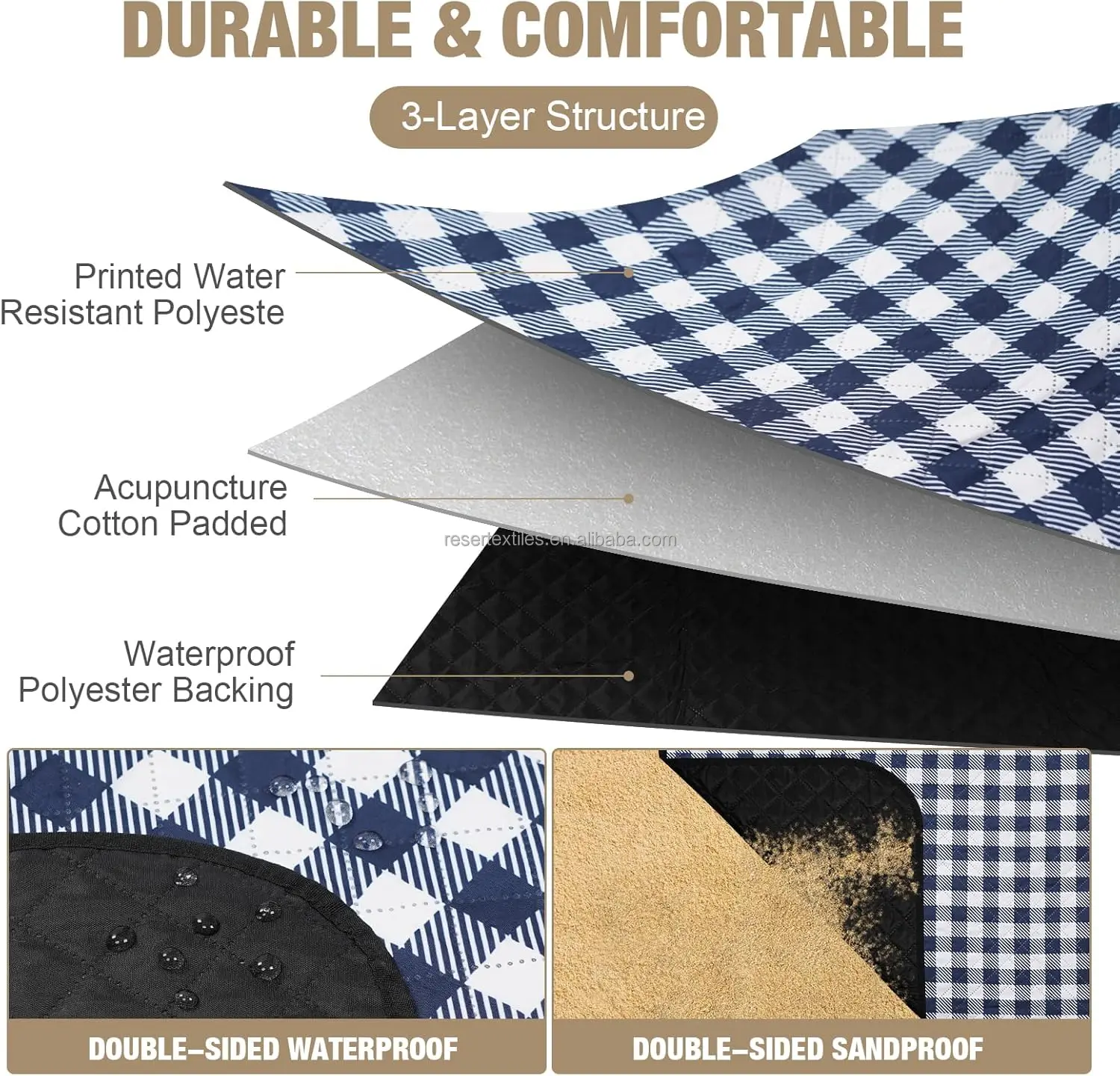 Larger 3-Ply Foldable Portable Outdoor Waterproof Picnic Blanket Rug High Quality Stripe Soft Sponge Custom Logo Hiking Camping