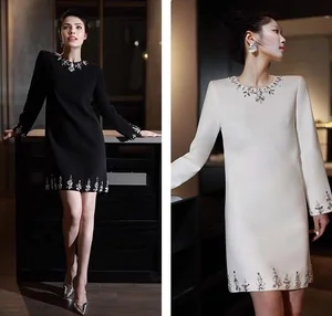 2026F/W Luxury Elegant Women's Banquet Dress Trendy Heavy Beaded Rhinestone Diamond Long Sleeve Slimming A- Style Empire Formal
