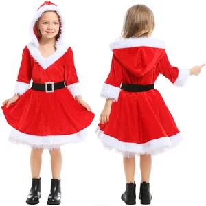 Red Santa Claus Xmas Theme Costume Cosplay Outfit for Girls Floral Waistbelt Dress for Children's Christmas Clothes for Kids
