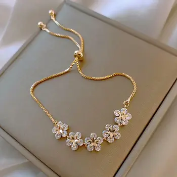 Adjustable Gold Chains Women Elegant Rhinestone Crystal Flower Bracelet
