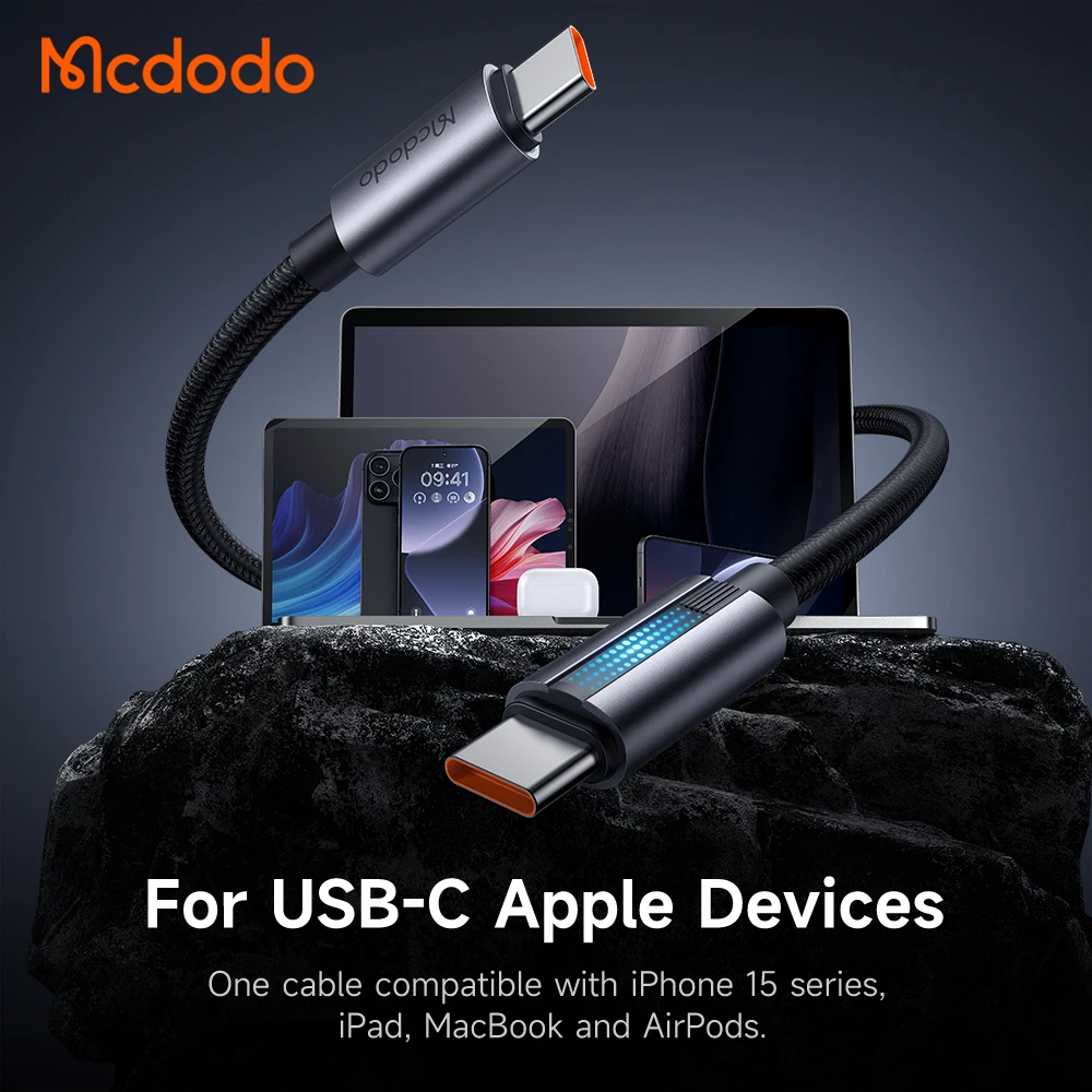 Mcdodo 574/571 Fast Charging 100W PD USB-C to USB-C Data Cable Light  Breathing LED Nylon Material Braided for IOS Android Mac