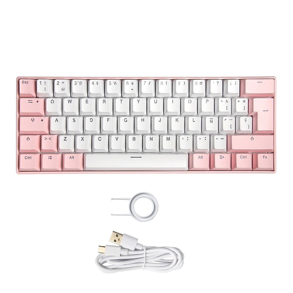Factory Custom Keyboard ABS Doubleshot Transparent Spanish Keycaps 61 Keys Rgb pink Game Mechanical Keyboard with pink Cover