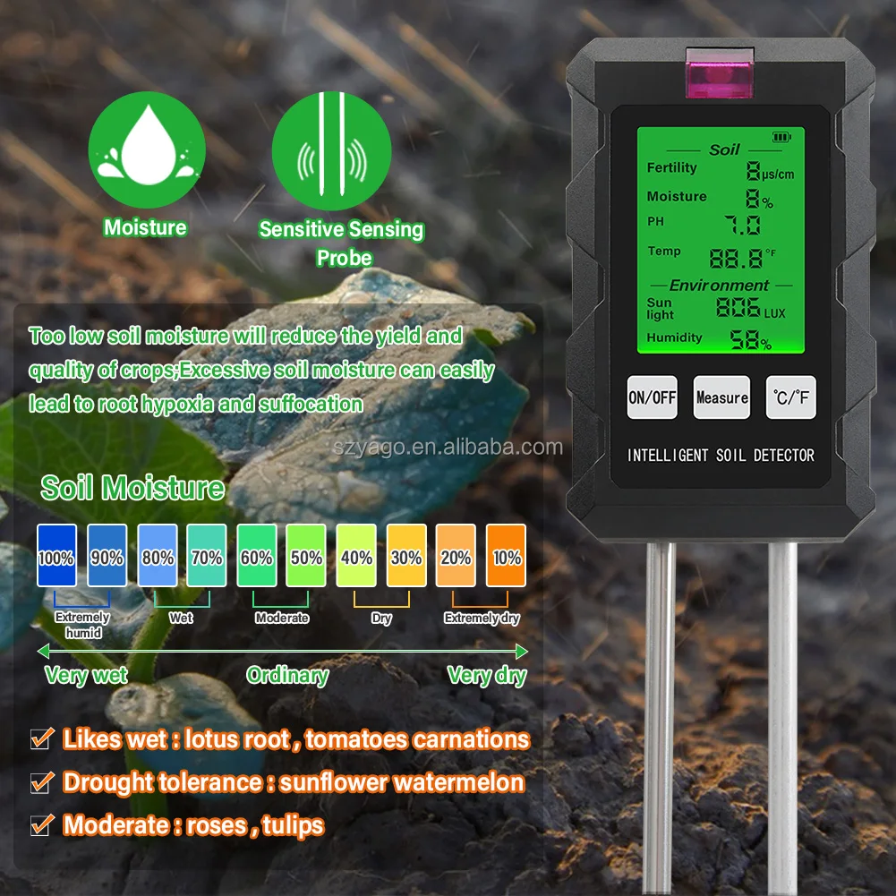 YIERYI High Quality 6 in 1 Soil Meter Fertility/PH/Moisture/Tmep/Sunlight/Humidity Multi-functional Soil Testing Tool