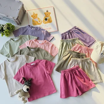 Candy color children's clothing pure cotton leisure sports suit ins Baby Summer loose short sleeve pants two-piece set