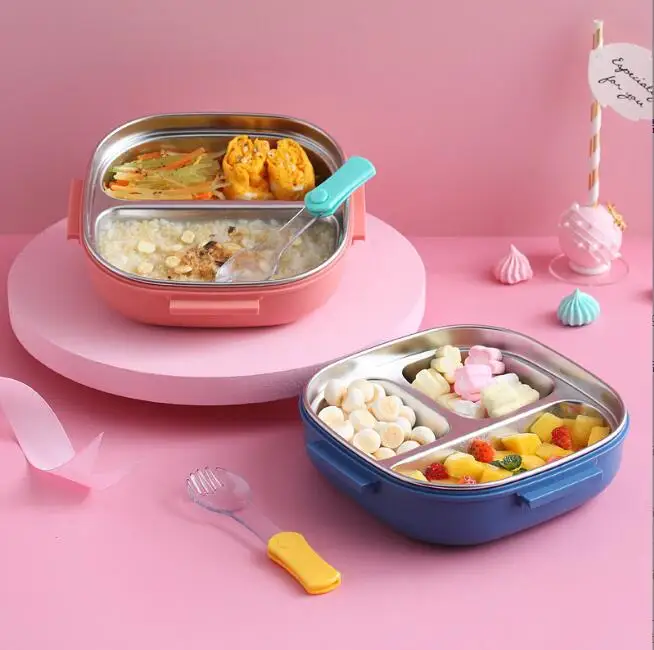 Cute Portable Plastic Rectangle 3-Compartment Lunch Box with Handle Easy to Clean Children's Newborn Use School Work Daycare