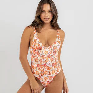 Surfing Custom Floral Print Underwire V-neck One-piece Swimsuit Feminine Backless Slimming Beach Vacation Bodysuit