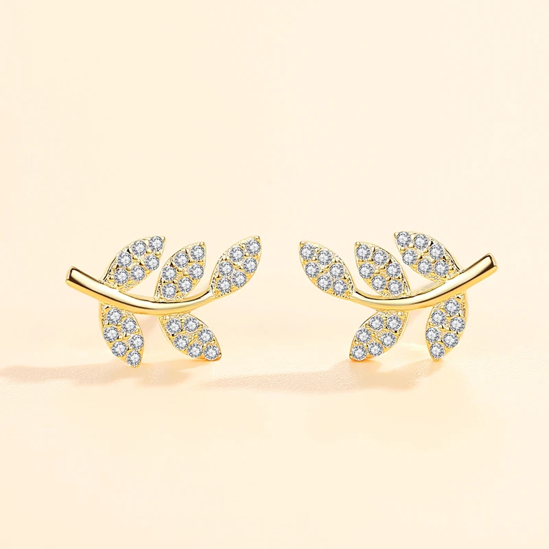 Trendy Accessories CZ 925 Sterling Silver 18K Gold Plated Women Jewelry Cubic Zirconia Leaves Stud E(图1)