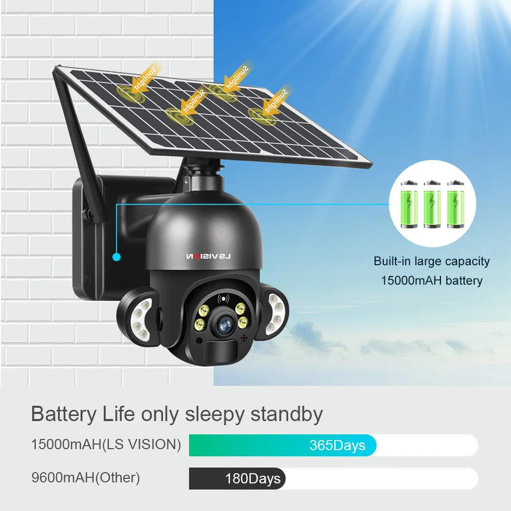 LS VISION WIFI 4G Outdoor Solar Cctv Camera Sim Card PTZ IP Security Camera Panel Solar Panel Camera