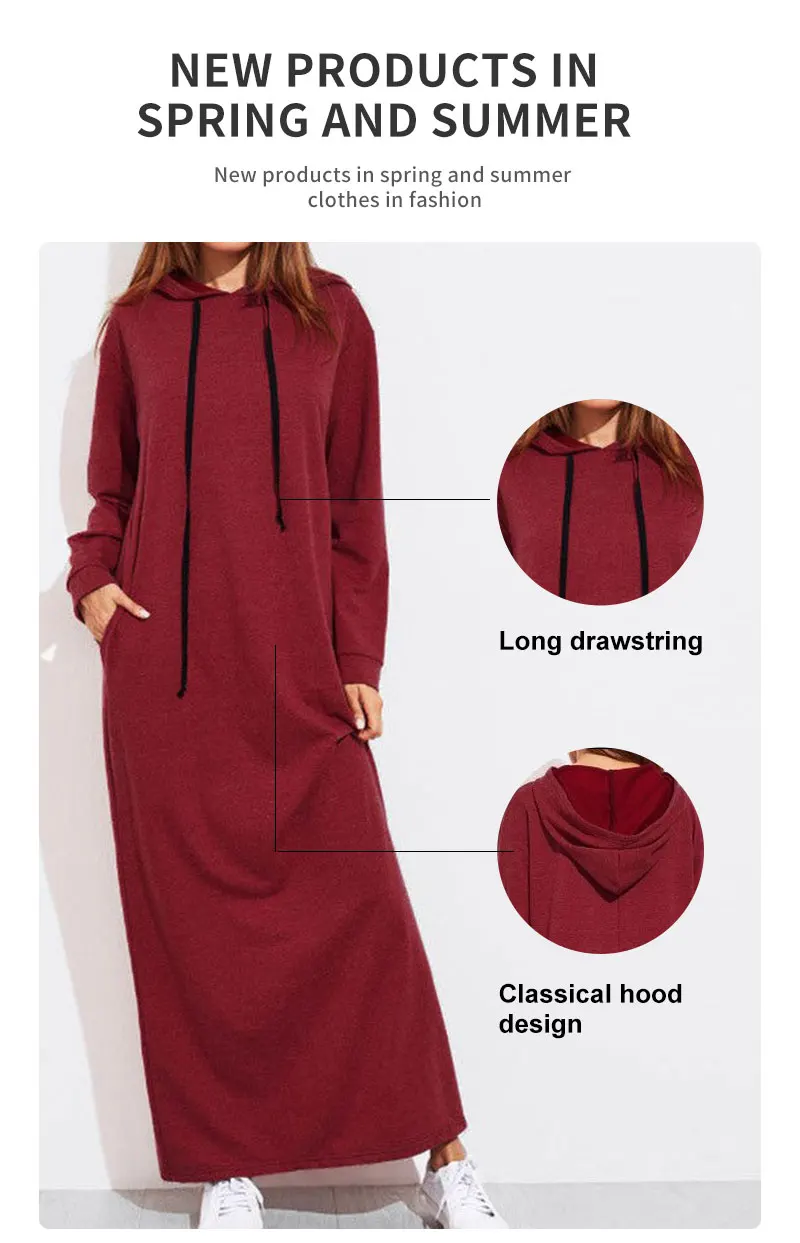 Fall Long Maxi Hoodie Dress For Women Plus Size Solid Hooded Dress With