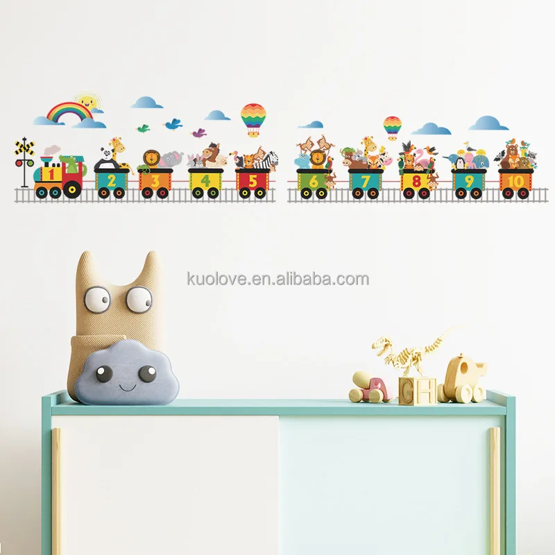 Math Education Cartoon Train Wall With Cartoon Animals Children's Room