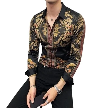 Men's Shirt Luxury Gold High Quality Long Sleeve Shirt Business Formal Slim fit Men's Formal Prom Social Printed Shirt