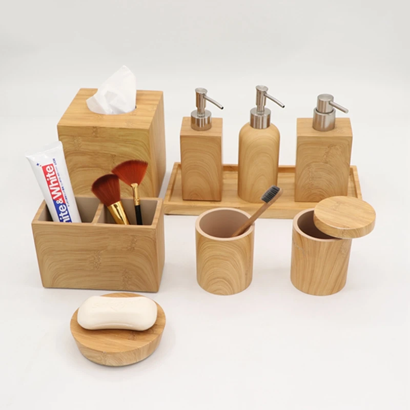 Hot Sale Wood Grain Bathroom Resin Accessories Set Hotel Decorations