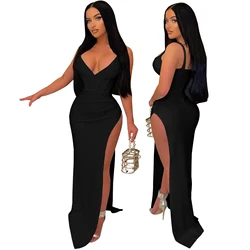 Новое поступление однотонное вечернее платье с V-образным вырезом и плиссированной талией длинное большим разрезом для