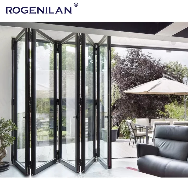 Large Modern Internal Lockable Accordion Sliding Aluminum Frame Bifold Folding Double Glass Patio Doors