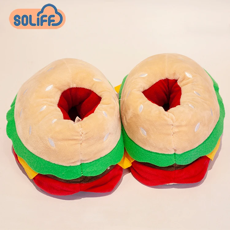 Hot Selling Stuffed Food Home Shoes Warm Women Gifts Furry Inner Plush Hamburger Fries Pizza Bread Slippers