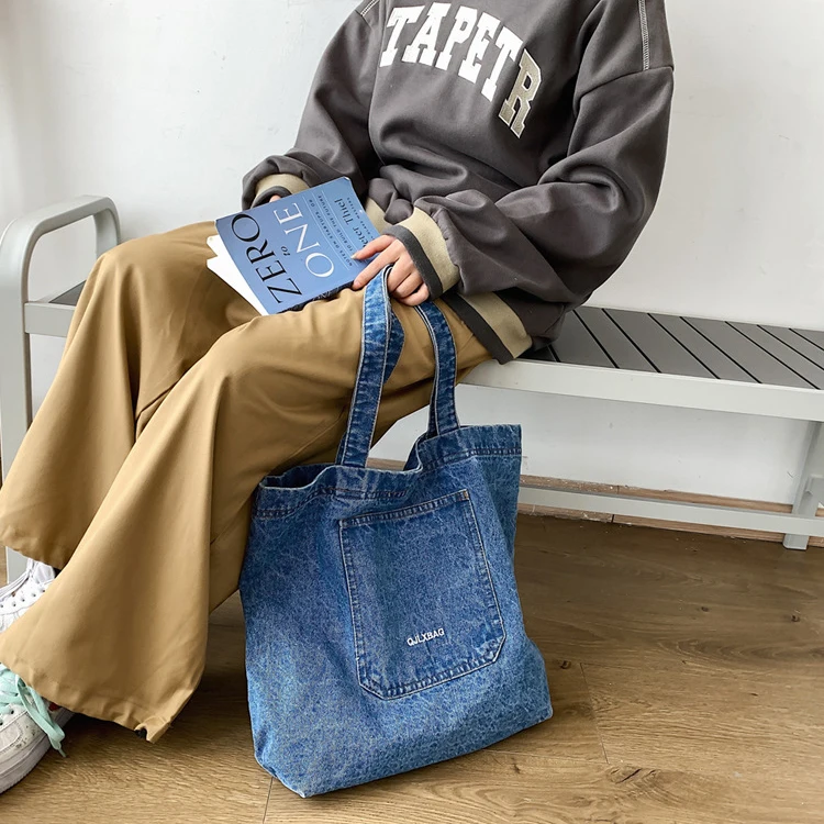 Wholesale Ladies Casual Large Denim Shopping Tote Bags Custom Women Denim Shopper Bags