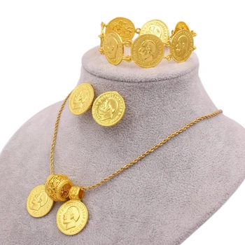 Dubai Jewelry Set 24K Gold Big Coin Pendant Necklace Earring Bracelet African Bride Wedding Jewelry Sets Fashion Gift