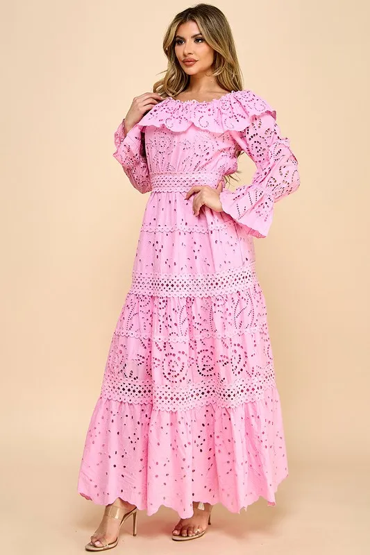 A Long Dress For Women Featuring Embroidered Cut-out Fabric, Multi-layered Lace, Ruffle Details, And A One-shoulder Neckline. - Image 4