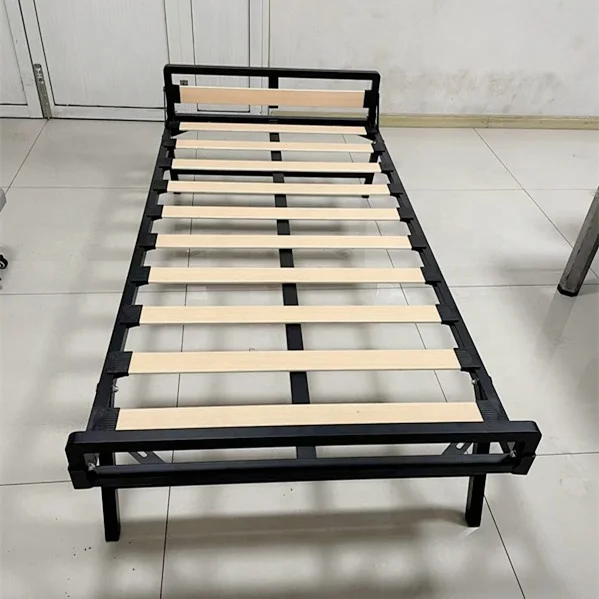 Custom Single Metal Foldable Bed Frames With Wooden Slats And Folding Headboard And Folding Legs