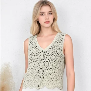 Spring Summer Casual -Style Short Crochet Cotton Handmade Knitted  Layered Anti-Pilling V-neck Women's Tank Top