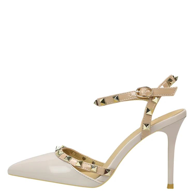 Slotted Tape WithPatent Leather Pointed Rivethigh Heels