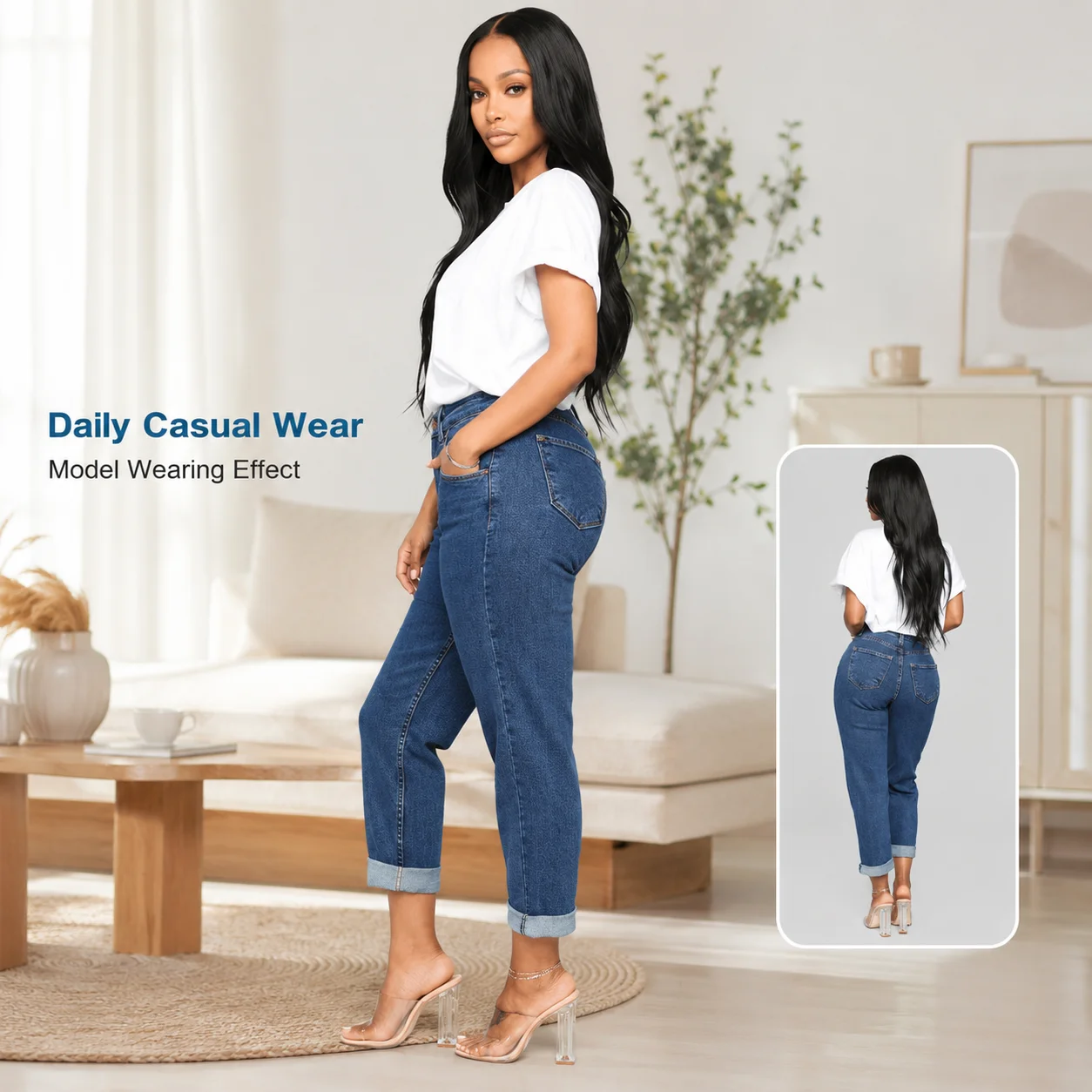 Cross-border New Hot Women's Mid Waist Straight Breathable Loose Cropped Jeans Casual Fashion