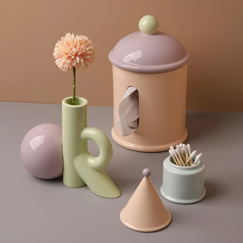 Color Block Ceramic Tissue Holder Glossy Finish Cute Modern Home Decor Bathroom Bedroom Living Room Desk Storage Organizer