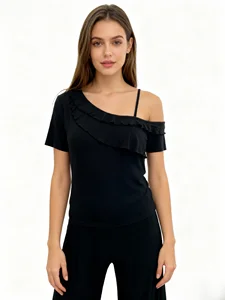 Summer Knitted Soft Stretch High Quality Women Tops Fashionable Asymmetrical Double Ruffle Cropped T Shirt