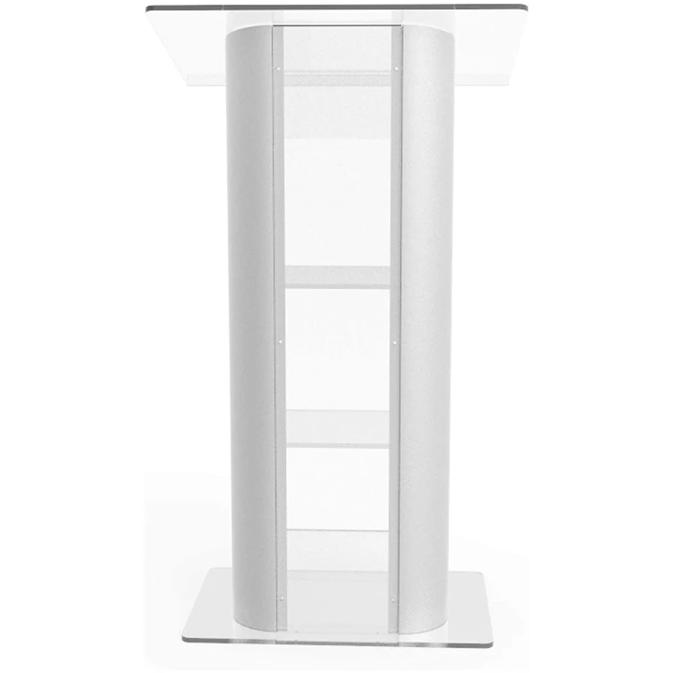 Modern Clear Plexiglass Acrylic Lectern Curved Brushed Stainless Steel Sides Pulpit Acrylic Podium Stand for Church School Hotel