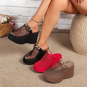 Wholesale New Trendy Fancy Open Toe Outdoor Mesh Upper  Women's Block Heels Design High Heel slippers with Large Size for Ladies