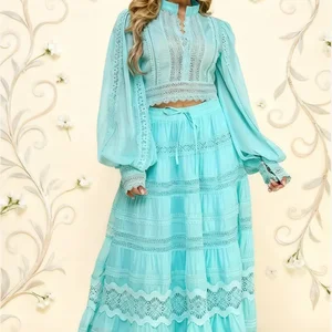 Women's Autumn Skinny Woven Lace Two-Piece Set Solid Short Full Embroidered Tiered Skirt Casual Sheer Breathable Polyester Top