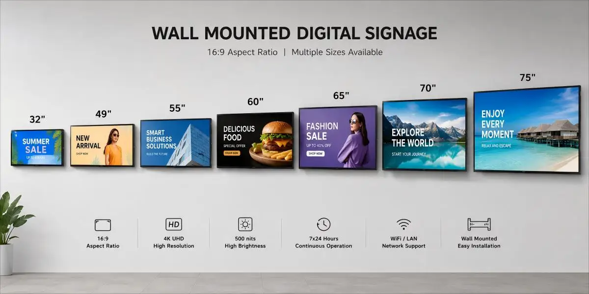 Indoor wall mount ultra thin hd lcd screen digital advertising signage display multi-size catalog