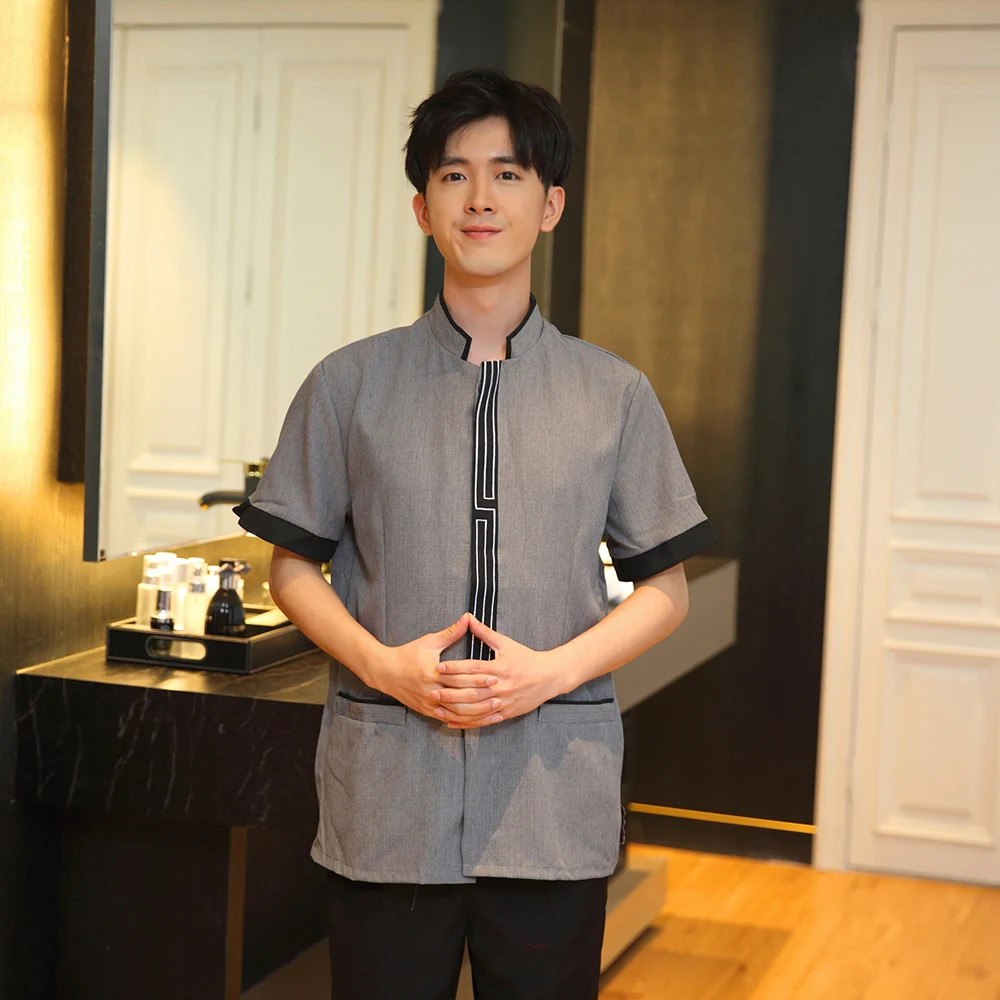 Mens Bar Waiter Oriental Mandarin Collar Restaurant Uniform Short Sleeve  Shirt