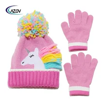 Children's Cartoon unicorn Knitted Hat Gloves Two-piece Set Winter Girls Warm Wool Hat Suit