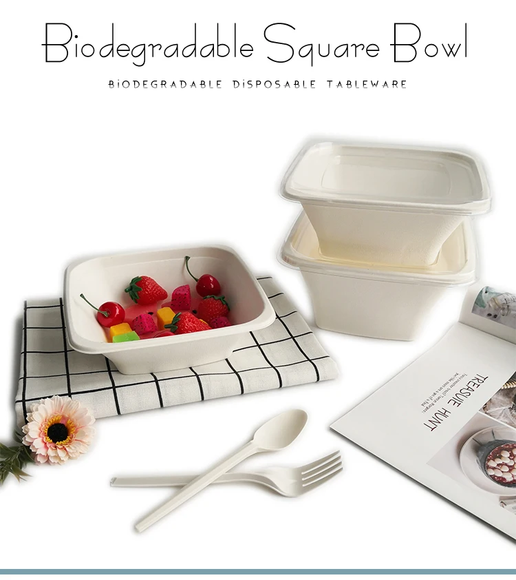 Biodegradable 24oz 32oz 40oz Bagasse Sugarcane Disposable Square Food ...