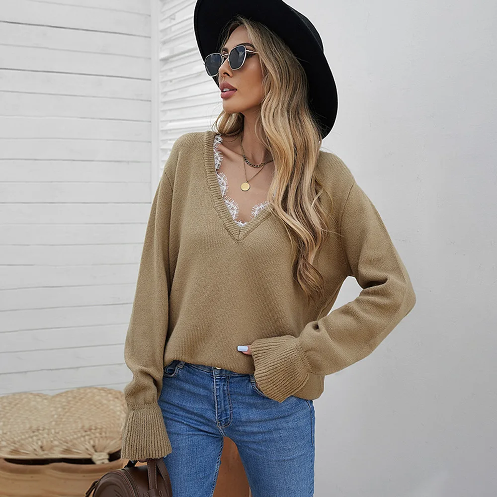 Winter New Plain Color Casual V Neck Women Sweater Womans Sweater Old