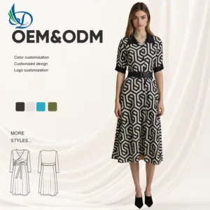 European and American Style Women's Short Sleeved Lapel Geometric Print Shirt Black Casual Muslim Summer Dress