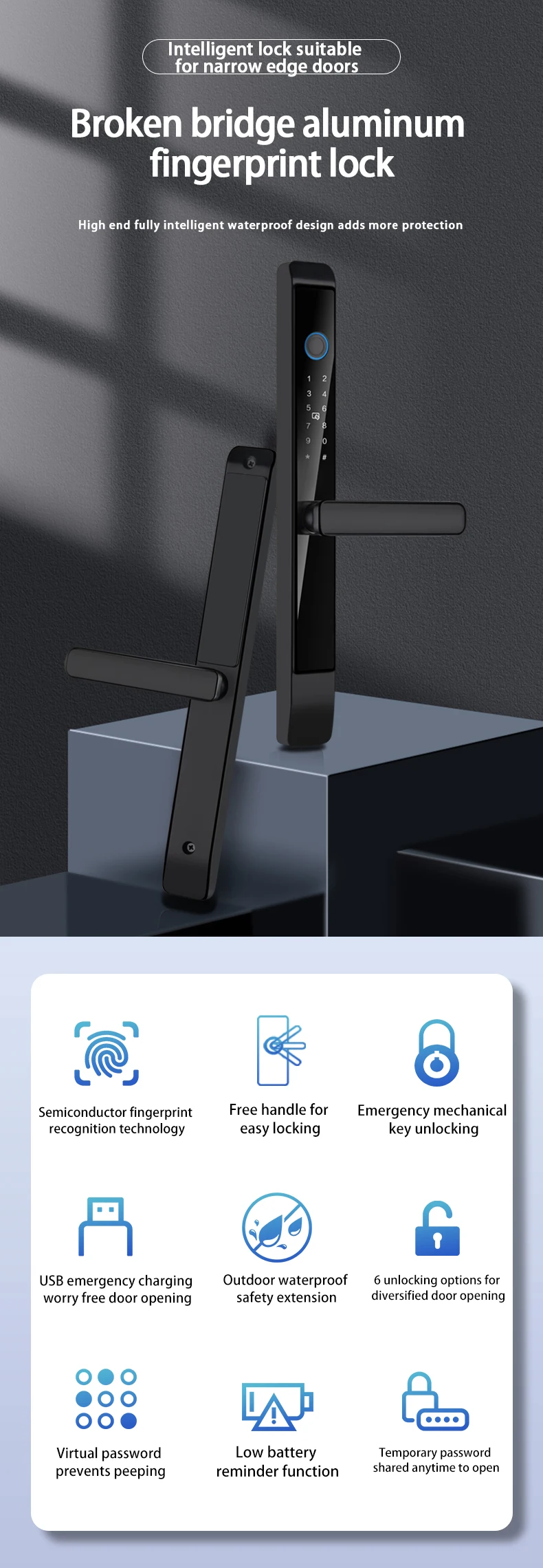Glomarket Outdoor Aluminum Sliding Door Lock Digital Handle Electronic Ttlock Fingerprint Tuya Waterproof smart Locks