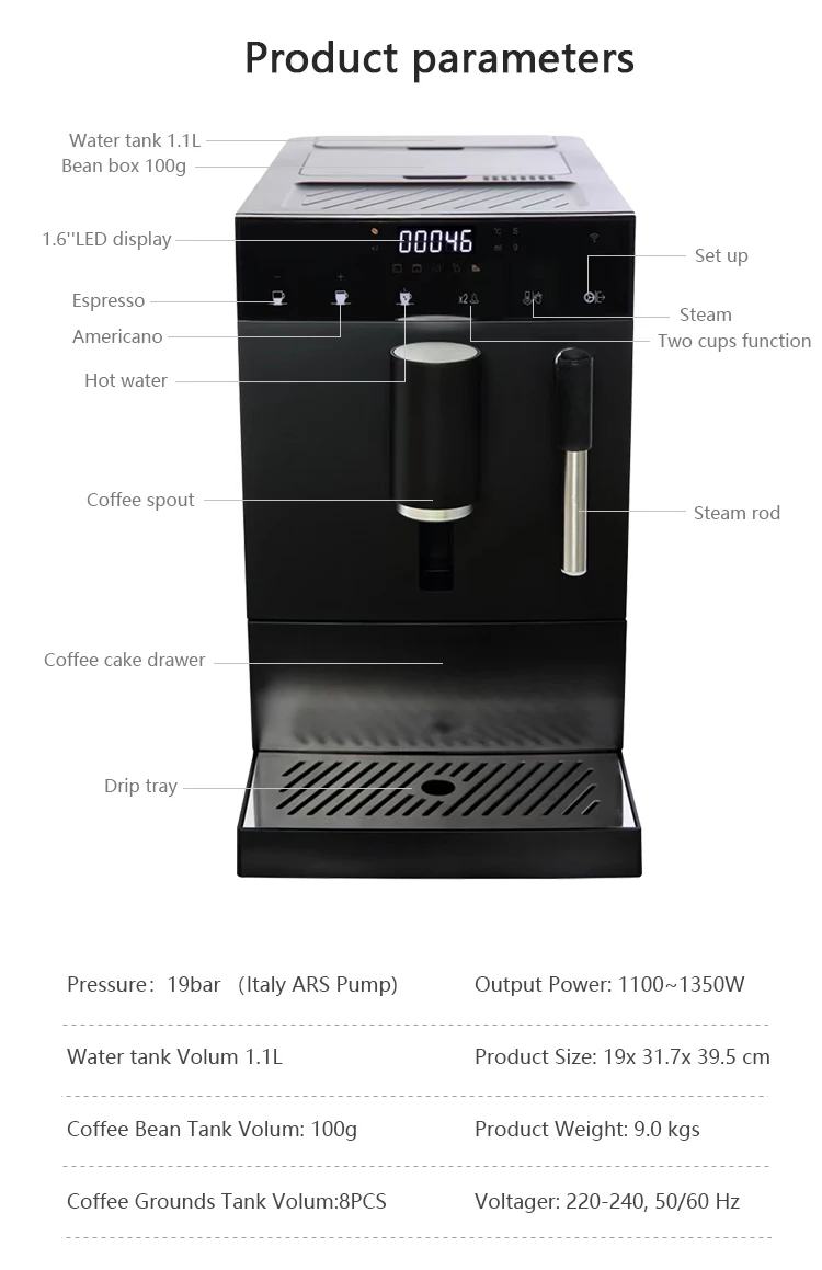 19 Bar Ulka Pump Coffee Maker Bean To Cup Ground Coffee Home Household